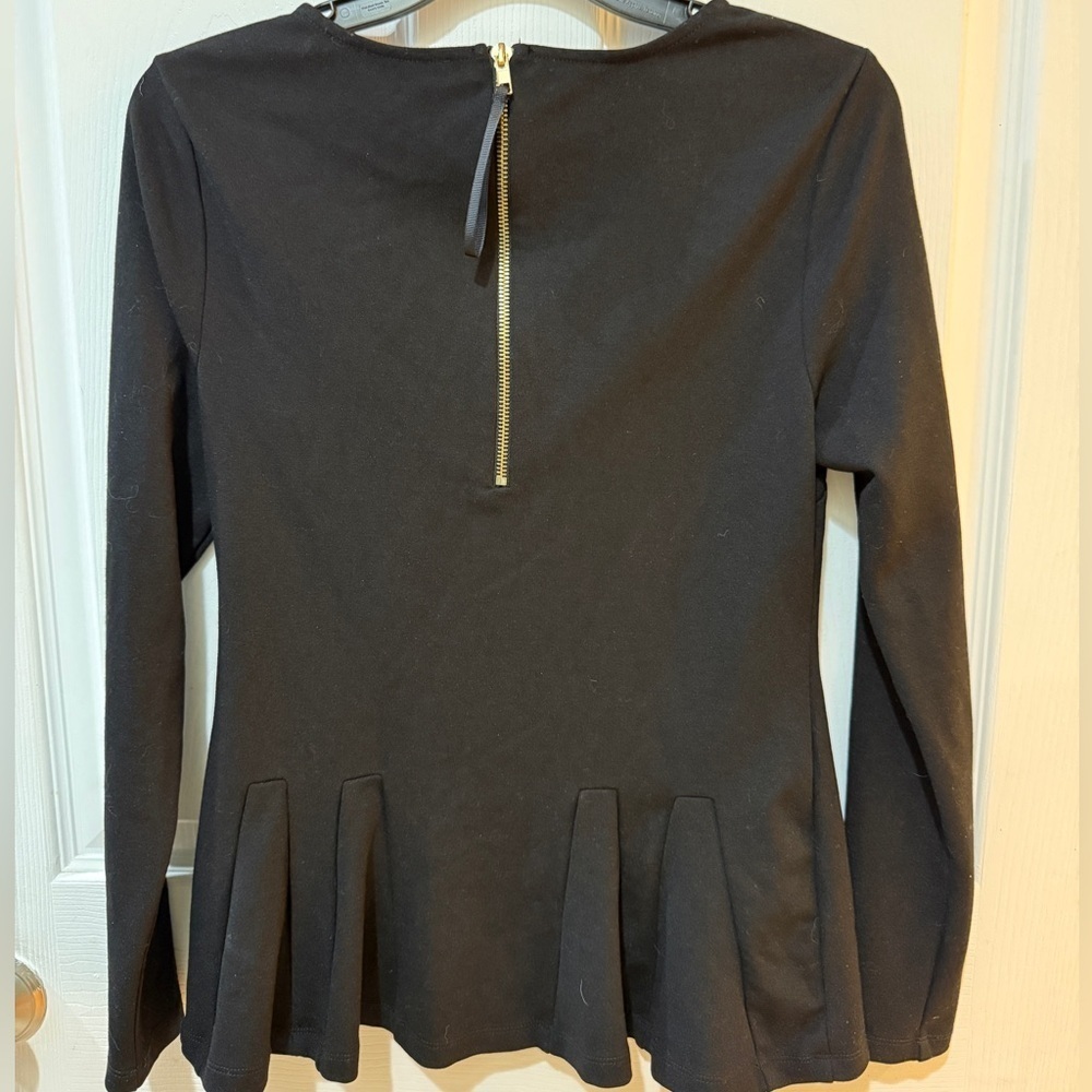 Catherine Malandrino Black Long Sleeve Peplum Blouse gold zip up back💘